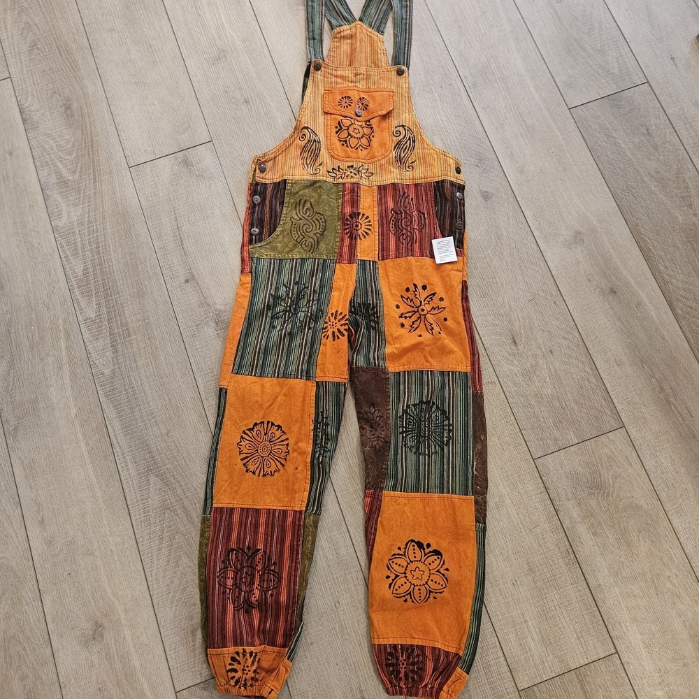 Hippie Nepal Patchwork Overalls Cotton Himalayan Boho Size Small